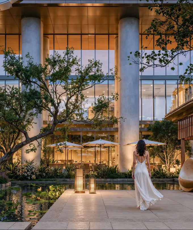 Resort courtyard at dusk