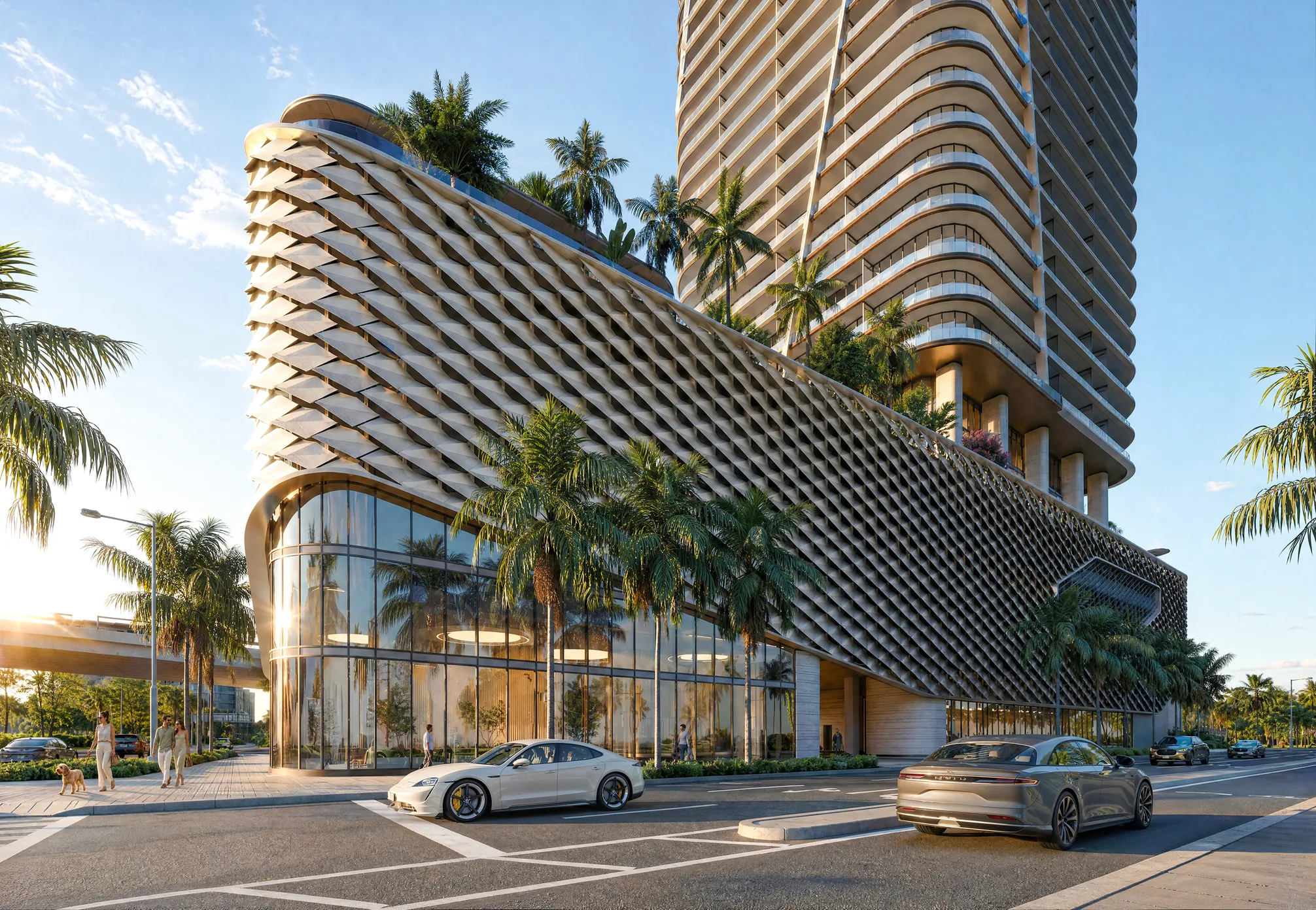 The podium facade from the street