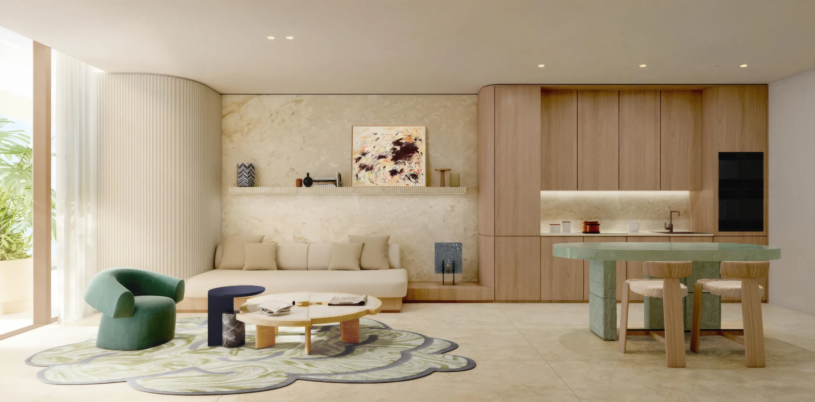 Living room and kitchen in a residence