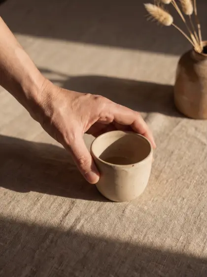 Hand resting on a ceramic cup