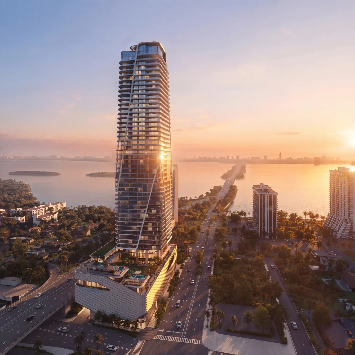 Anantara tower at dusk over Biscayne Bay