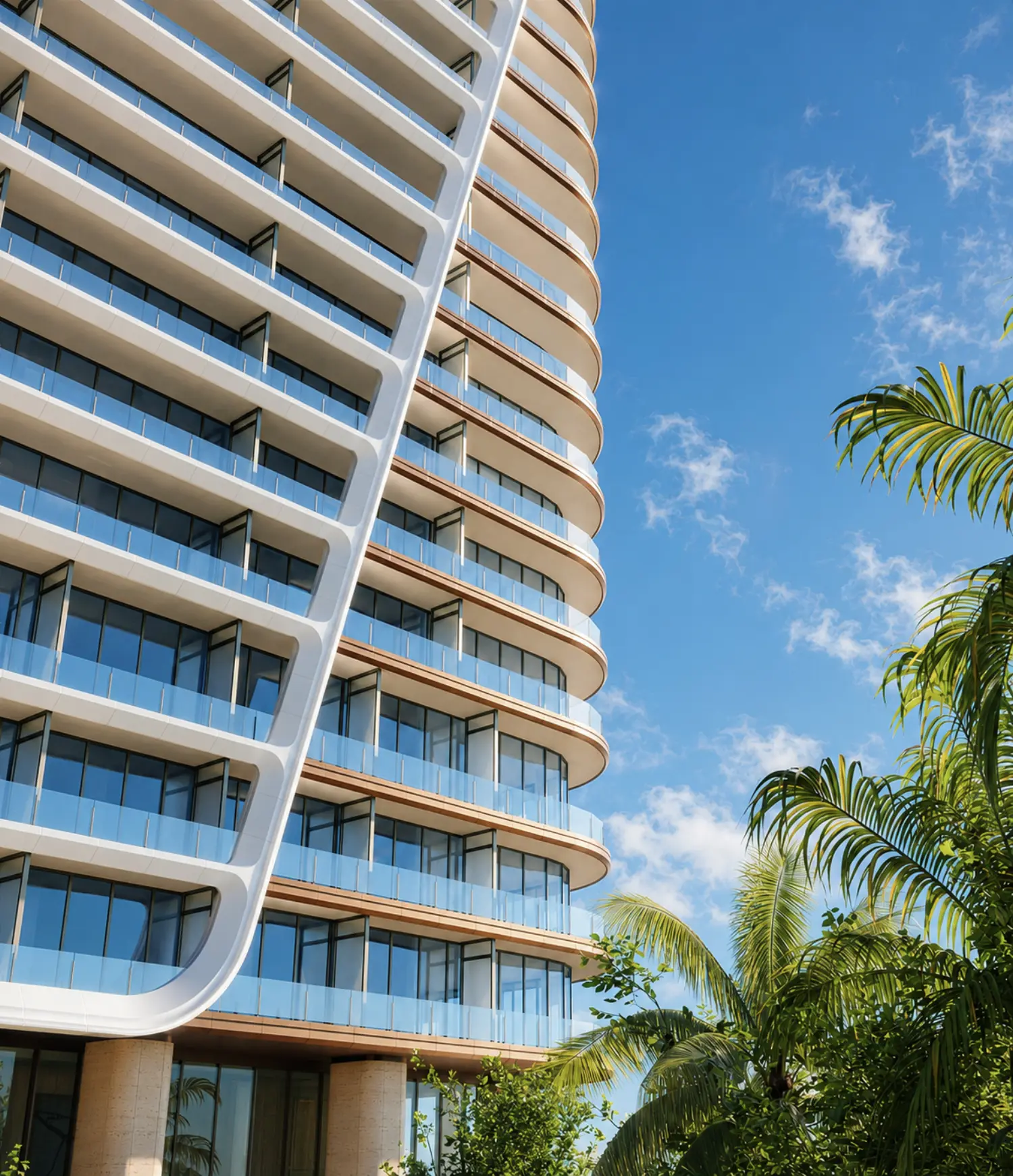 The tower’s curved balconies against the sky
