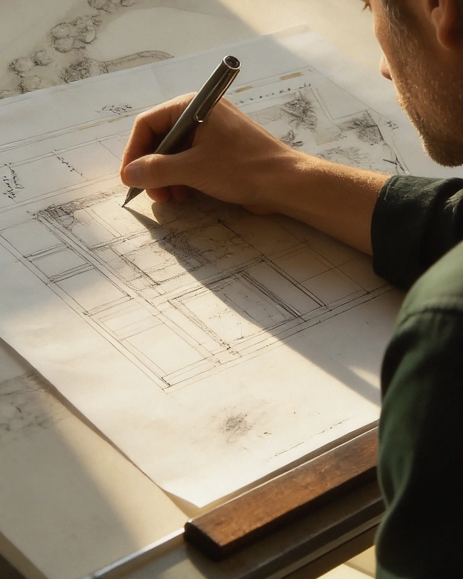 An architect sketching a plan by hand in low sunlight
